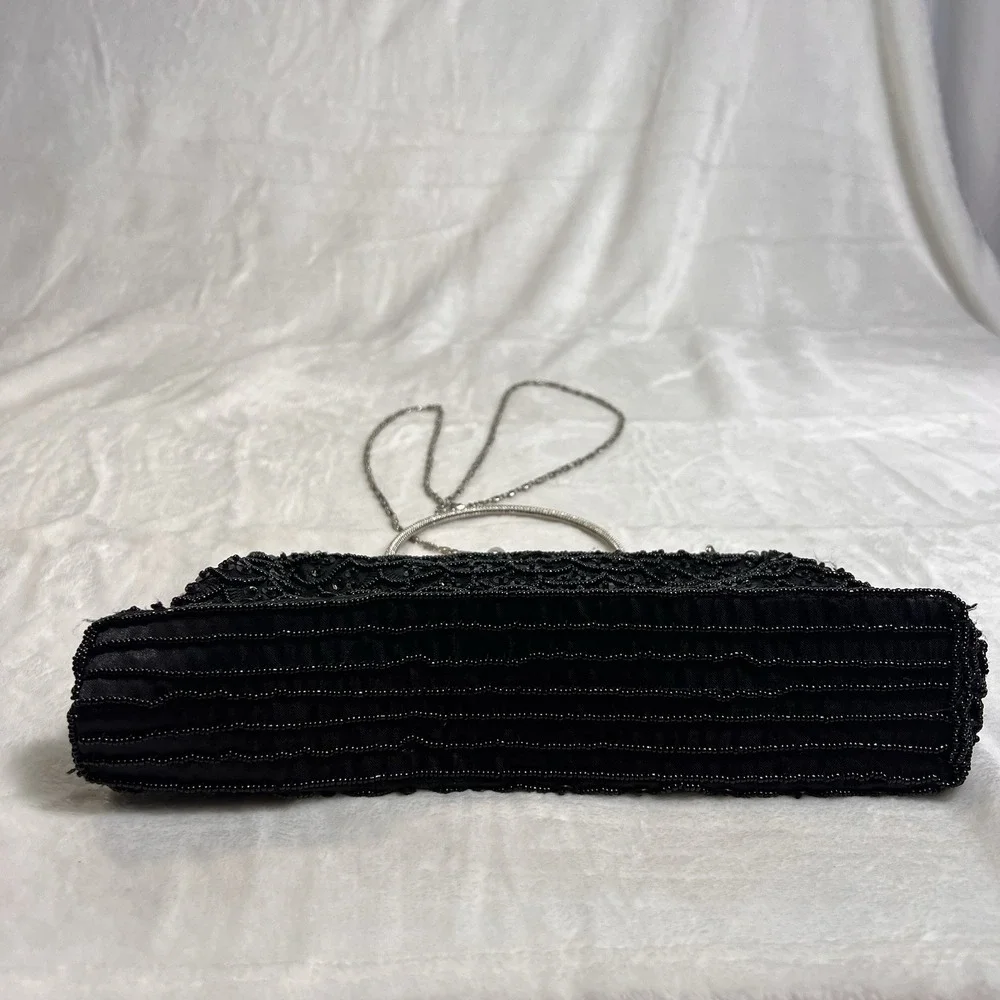 Vintage MG Collection Black Beaded Evening Bag Kisslock Chain Clutch Purse